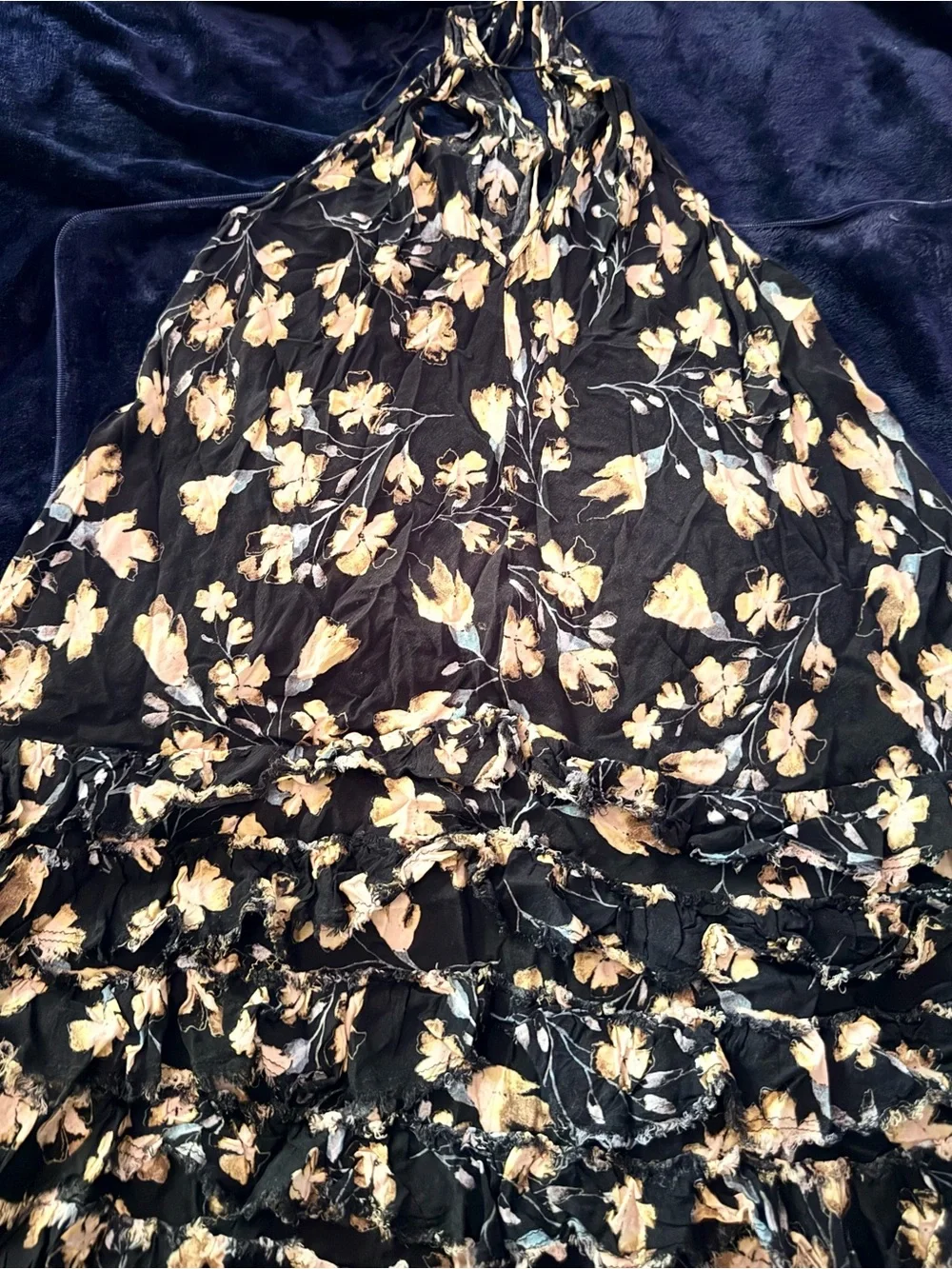 Intimately by Free People black and yellow floral raw-ruffle halter dress